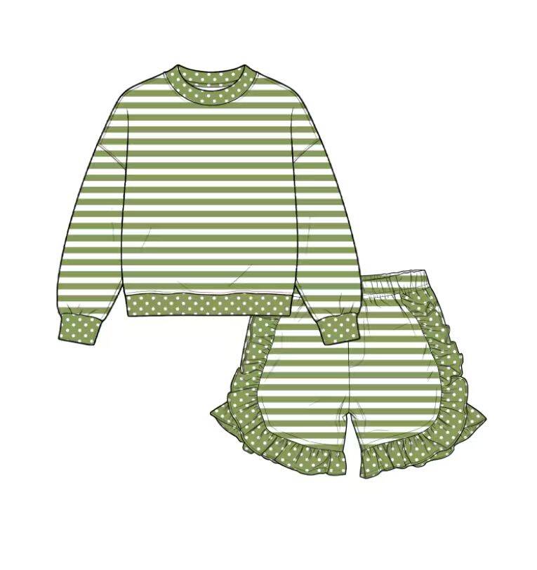 custom moq 5 mix size Baby Girls Green Stripe Polka Dot Long Sleeve Top And Ruffle Shorts Outfit Set