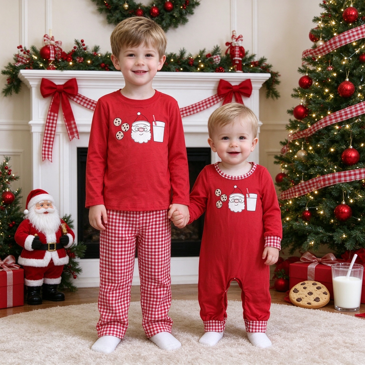 Santa Milk & Cookies Sibling Collection - Red Top Gingham Pant PJ Set & Baby Gingham Trim Romper