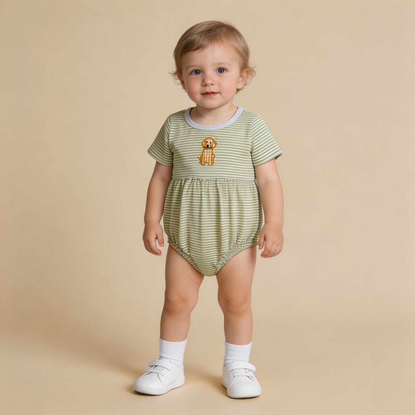 RTS NO MOQ milk silk SR4140 Baby  Boys Embroidery Dog Short Sleeve Stripe Hunting Rompers