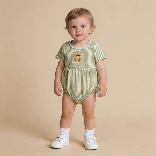 RTS NO MOQ milk silk SR4140 Baby  Boys Embroidery Dog Short Sleeve Stripe Hunting Rompers