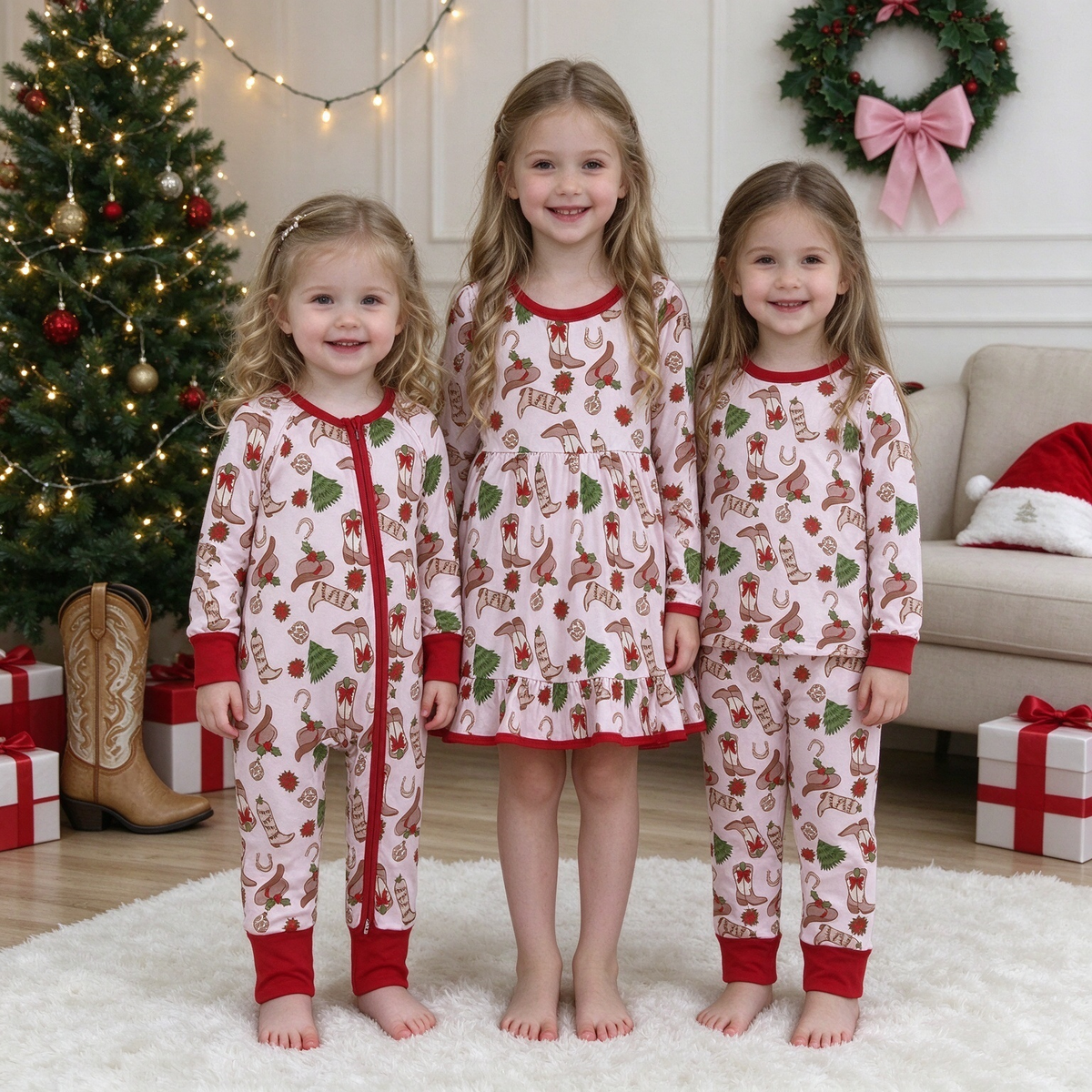RTS Sibling baby girls clothes Christmas boot bow long Sleeve pants set and dress and rompers