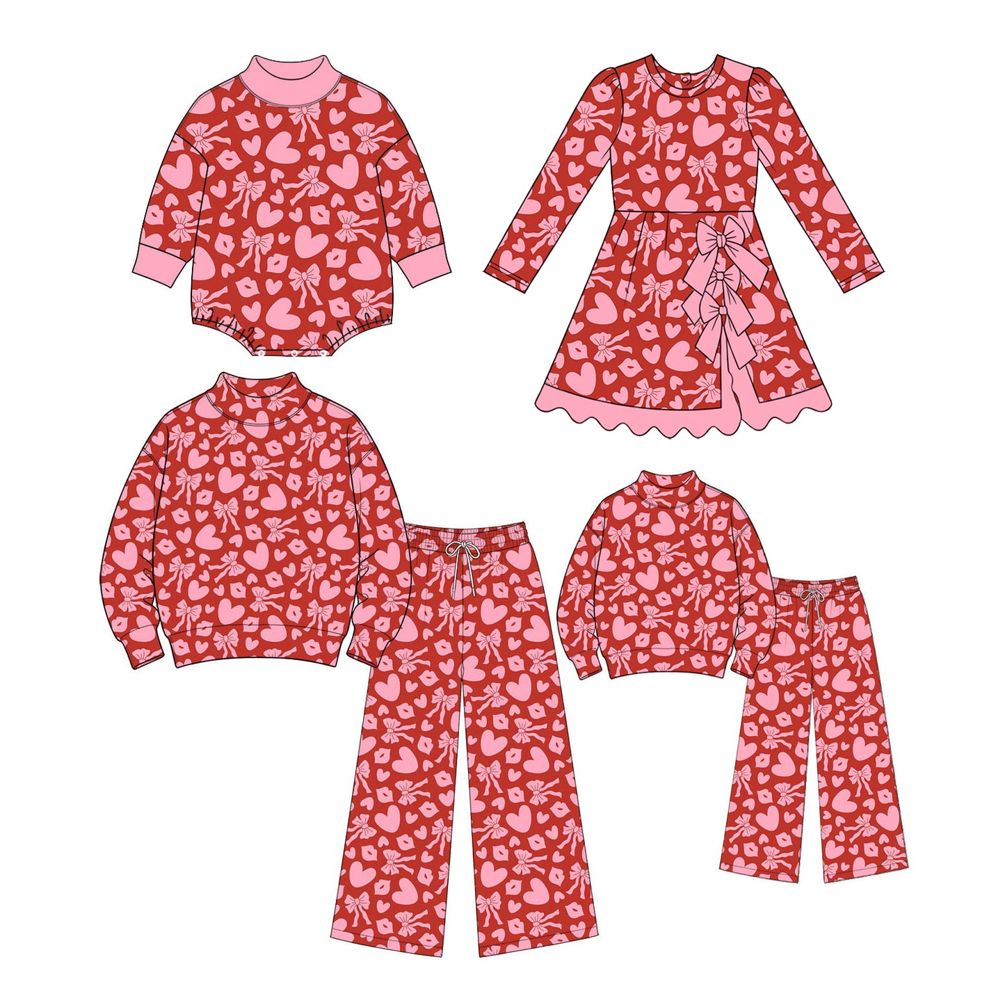 (Preorder new) No moq Adult To Match Kids Red Pink Heart Bow Valentines Day Print Clothing Romper Long Sleeve Dress High Neck Sweatshirt Wide Leg Pants Holiday Matching Outfit Set