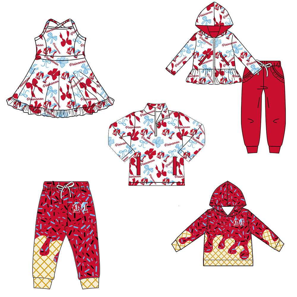 Custom moq 5 mix size milk silk summer teams baby girls clothes bow red hooded long sleeve pants sets and dress and top and hooded top and pant-25.8.13
