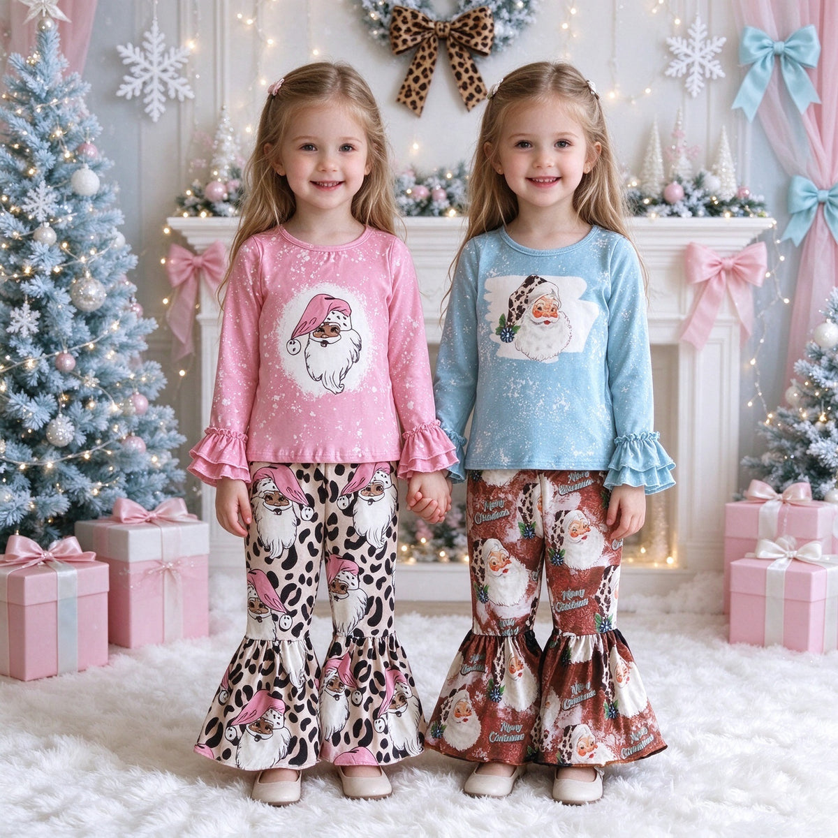 Toddler Girls Bleached Vintage Santa Christmas Collection - Pink Leopard Gnome Santa & Blue Retro Santa Ruffle Bell Bottom Set