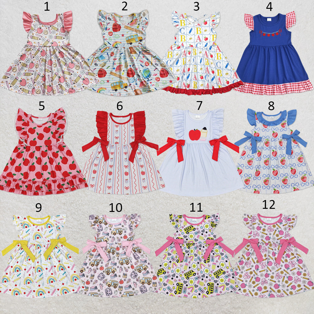 RTS NO MOQ Sibling milk silk Baby Girls Apple Bow Back To School Flutter Sleeve Knee Length Dress