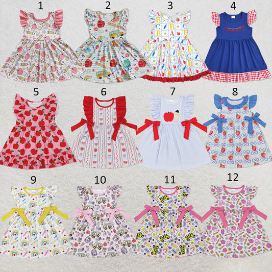 RTS NO MOQ Sibling milk silk Baby Girls Apple Bow Back To School Flutter Sleeve Knee Length Dress