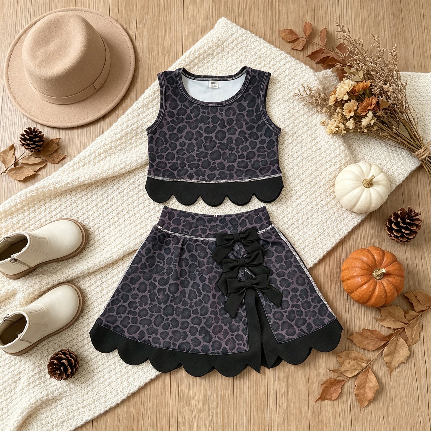 NEW RTS NO MOQ yoga fabric GSD4268 Baby Girls Black Leopard Print Vest Bows Skirt Short Yoga Active Scallop Outfit