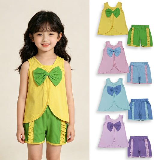 RTS NO MOQ Sibling Baby Girls Sleeveless Back Bows Tunic Top with Ruffle Shorts Outfit Set Cute Toddler Clothing