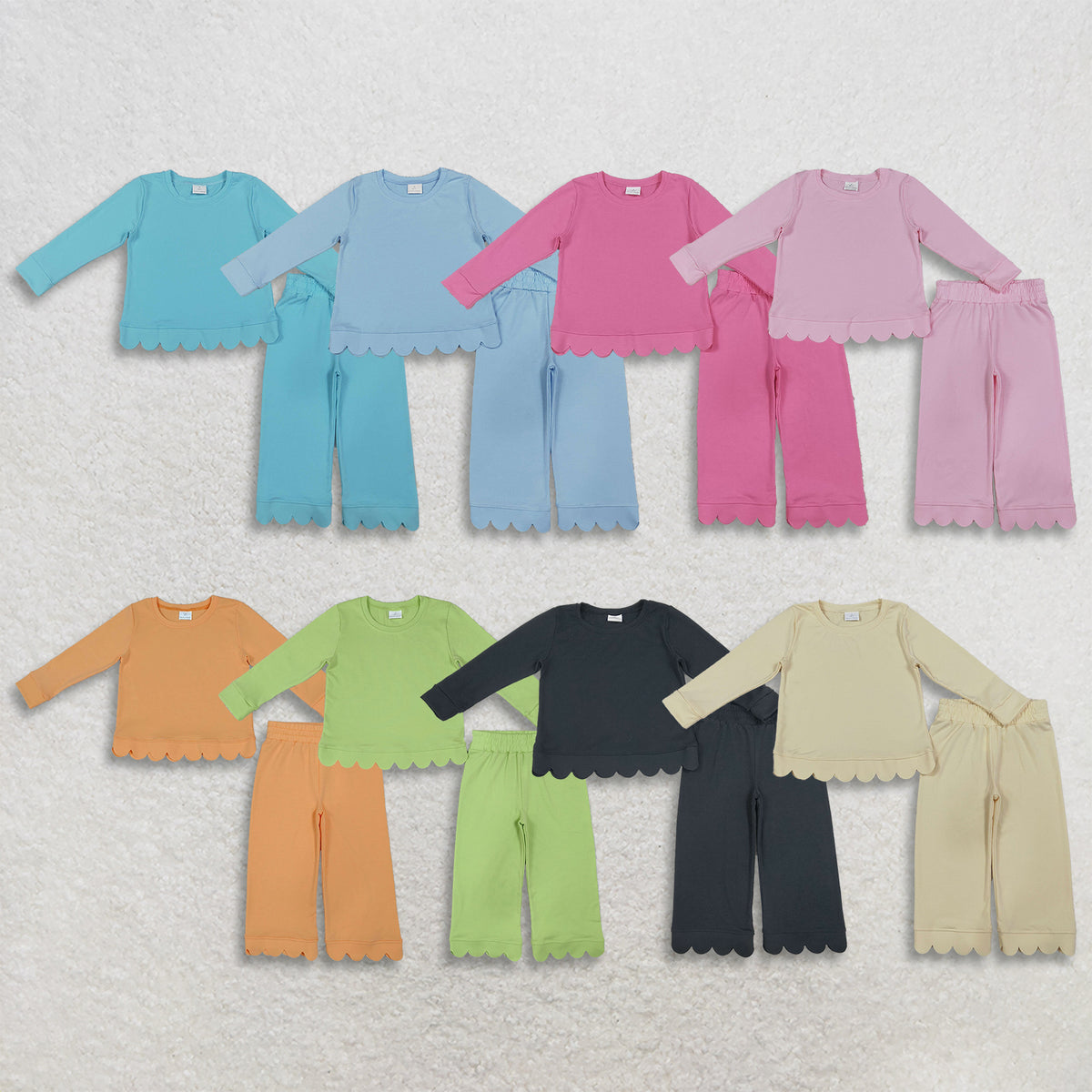 RTS NO MOQ Sibling cotton Baby Girls Solid Color Scallop Trim Long Sleeve Top And Pant Outfit Set