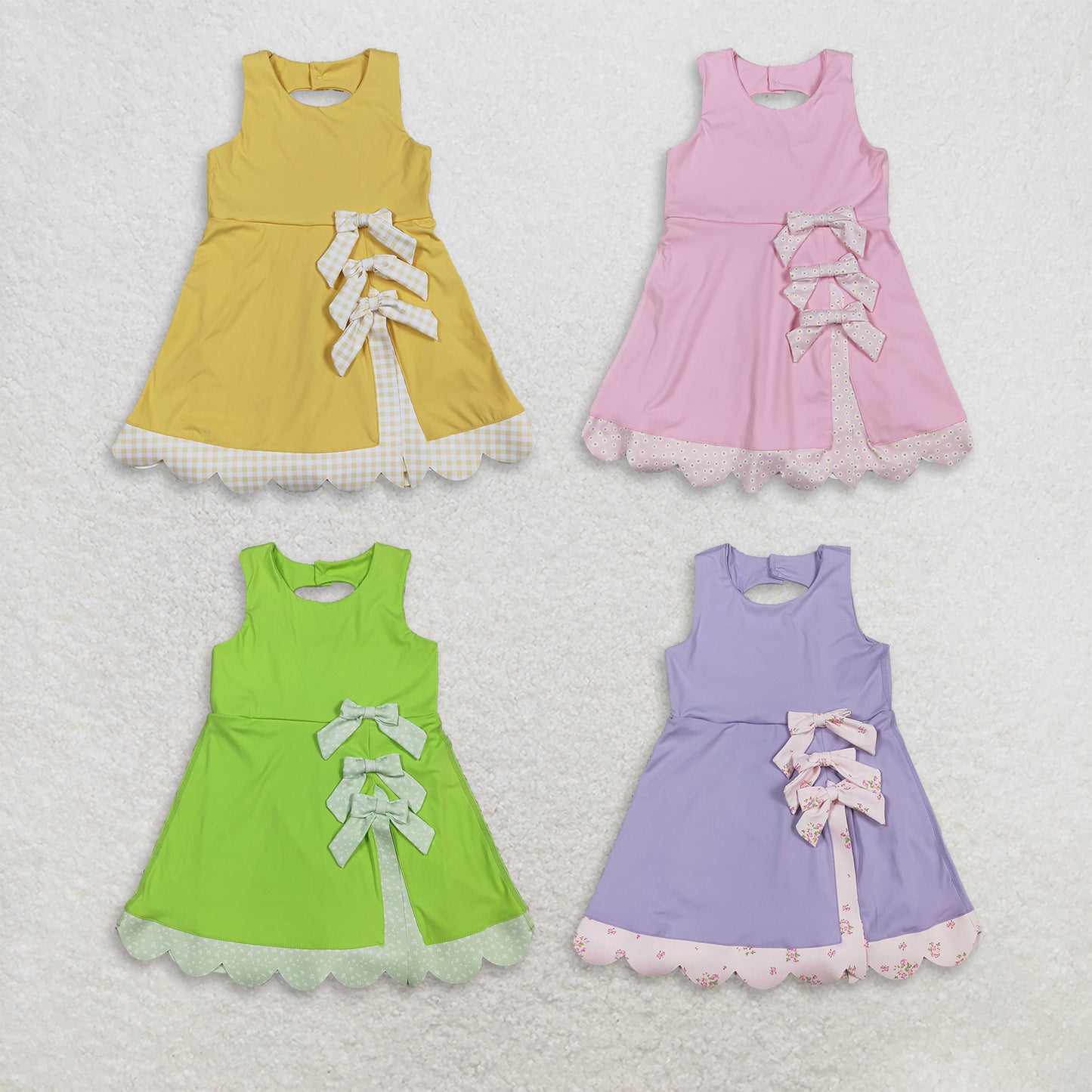RTS NO MOQ Sibling yoga fabric Girls Sleeveless Bows Shorts Scallop Knee Length Dresses