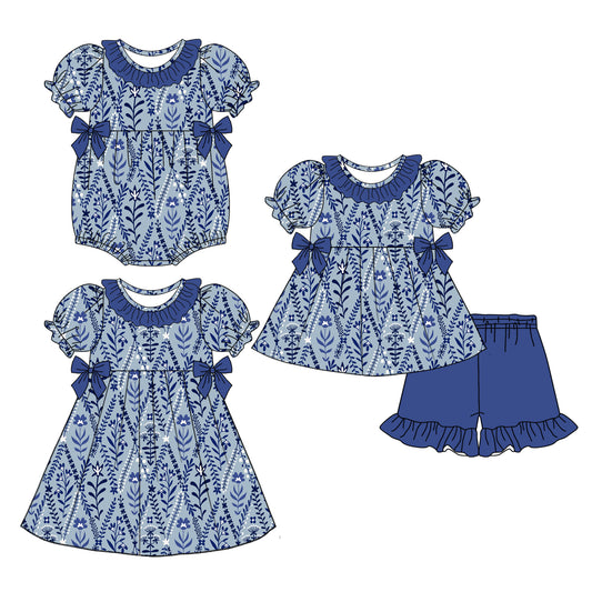 3.21 custom each style moq 5eta 4-6week Sibling Sisters floral baby girl short sleeve shorts sets and dress and rompers match family design
