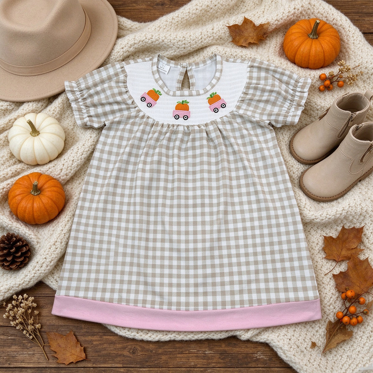 NEW RTS NO MOQ milk silk GSD4258 Smocked Baby Girls Khaki Checked Pumpkins Trucks Fall Short Sleeve Knee Length Dresses(3-6M-7-8T)（副本）