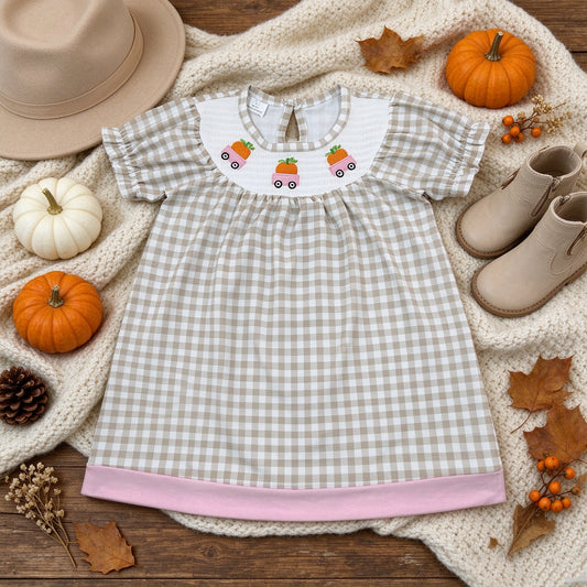 NEW RTS NO MOQ milk silk GSD4258 Smocked Baby Girls Khaki Checked Pumpkins Trucks Fall Knee Length Dresses(3-6M-7-8T)