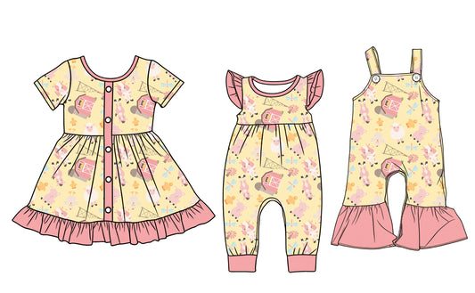 25.12.22 custom each style moq 5 eta 6-8week Sibling Sister farm baby short sleeve romper and dress and jumpsuit match design