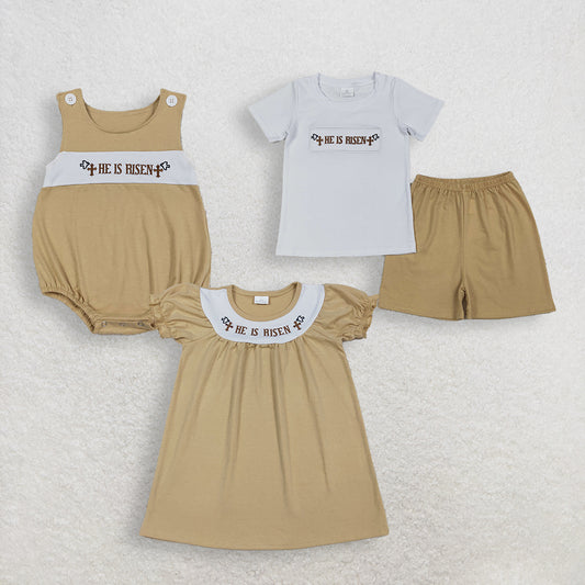 RTS NO MOQ Sibling Embroidery 'He Is Risen' Baby Boys Easter Outfit Set Sleeveless Rompers Top Shorts Knee-Length Dresses