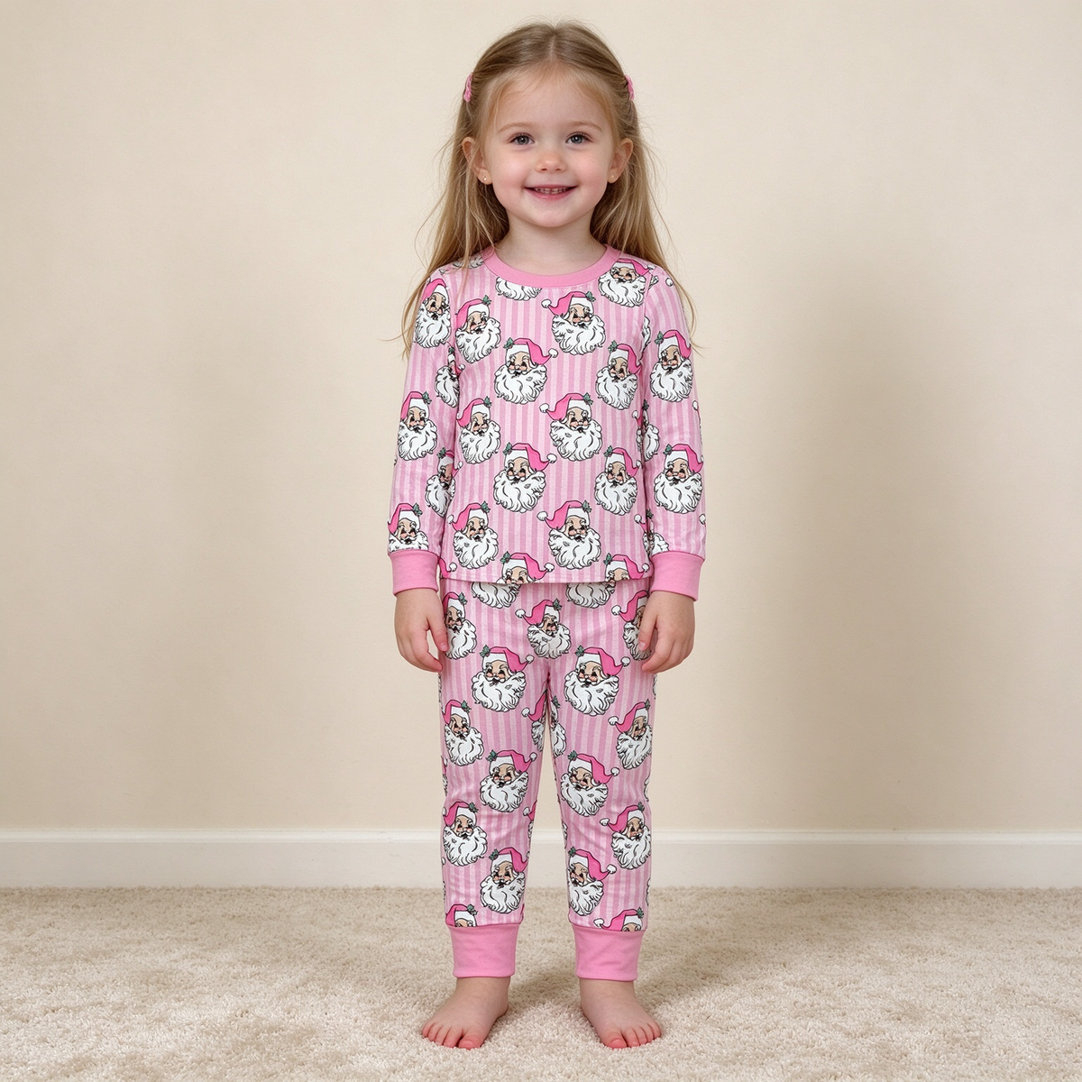 NEW RTS NO MOQ milk silk GLP3440 Baby Girls Pink Stripe Santa Top Pant Christmas Pajamas Set Holiday Night Sleep Wear