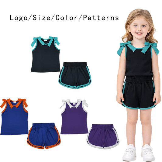 RTS NO MOQ Sibling cotton Baby Girls Bow Solid Sleeveless Top Shorts Daily Clothes Set