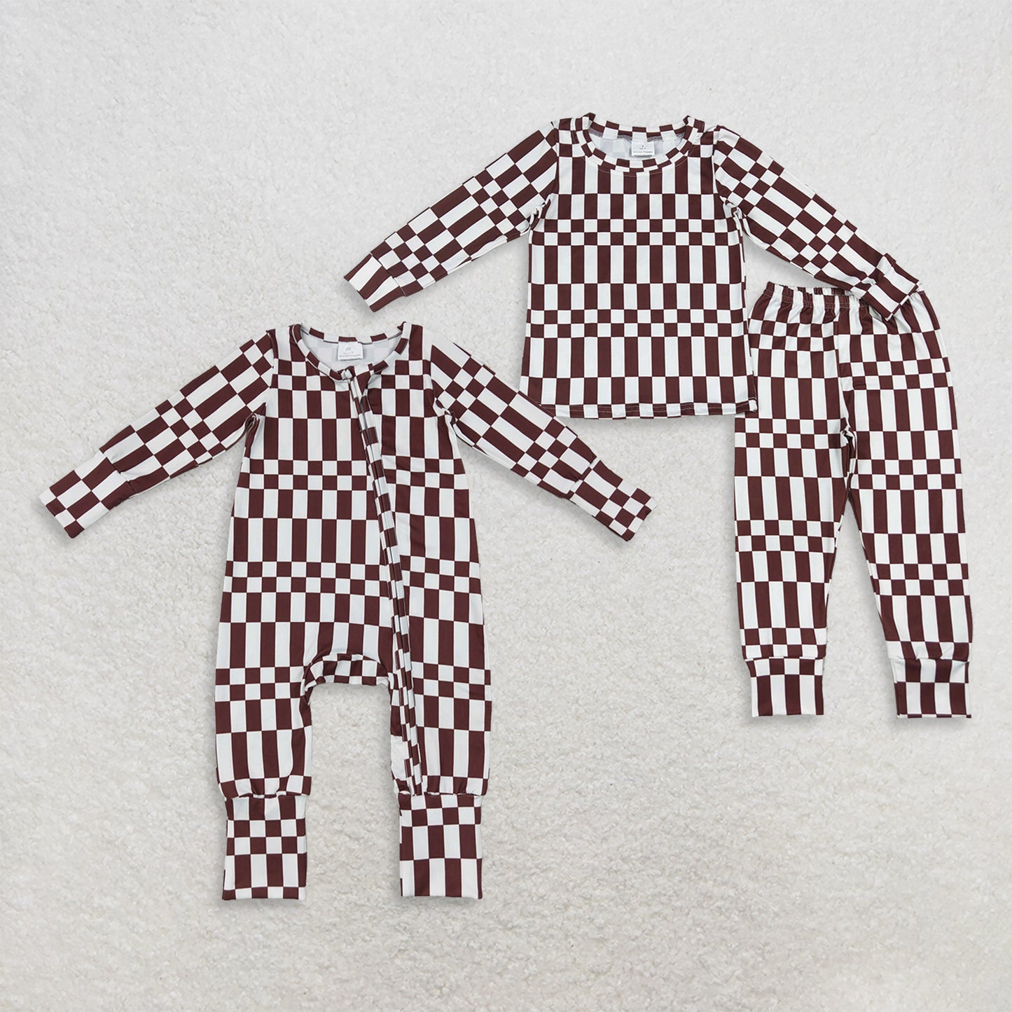 RTS NO MOQ Sibling milk silk Baby Boys Maroon Checked Print Top Matching Pants Pajamas Clothes Set Two Way Zip Convertible Rompers