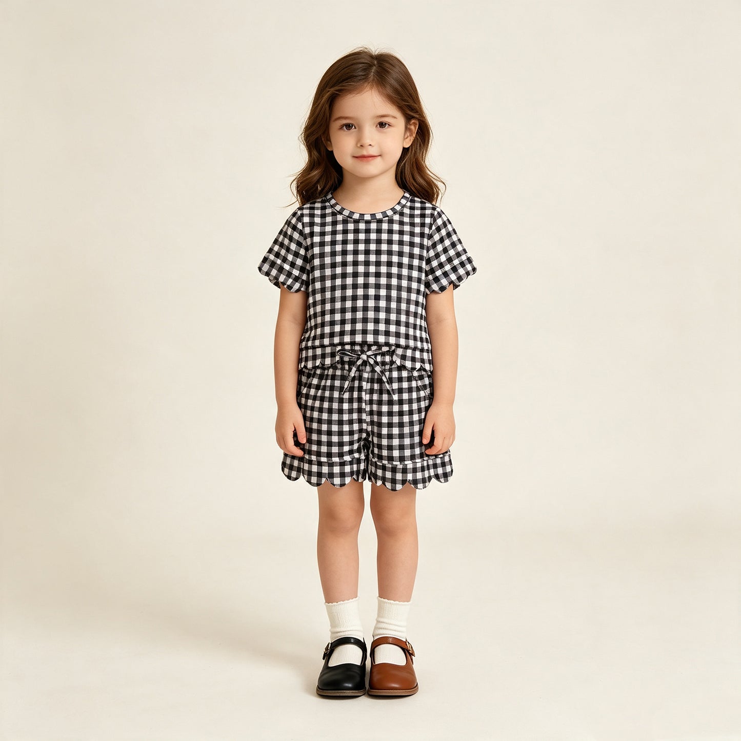 NEW RTS NO MOQ milk silk GSSO3842 drawstring on these functional Baby Girls Black Check Shirt Top Scallop Shorts Clothes Set
