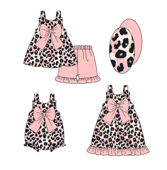 2.12 custom each style moq 5eta 4-6week Sibling Sisters leopard baby girl short sleeve shorts sets and dress and rompers match family design