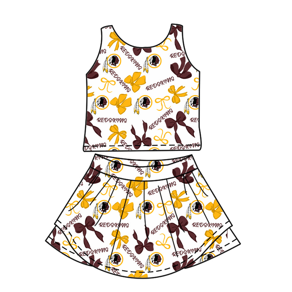 Custom moq 5 mix sizes summer teams baby girls clothes team yellow short sleeve skirts shorts sets 1 and skirts sets 2 and dress 1 and dress 2 and dress 3 and dress 4-25.6.9