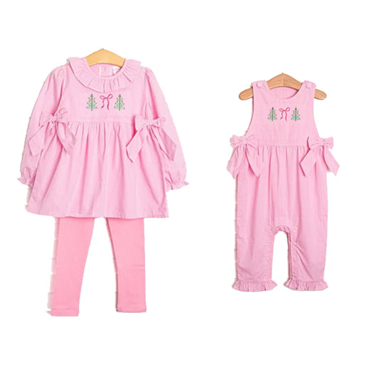 (Preorder new) No moq Baby Girls Pink Bows Trees Christmas Print Long Sleeve Long Pant Sets Romper