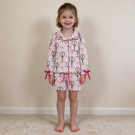 NEW RTS NO MOQ milk silk GLS0173 Baby Girls Christmas Pink Bow Button Front Pocket Top Elastic Waist Short Pajama Set