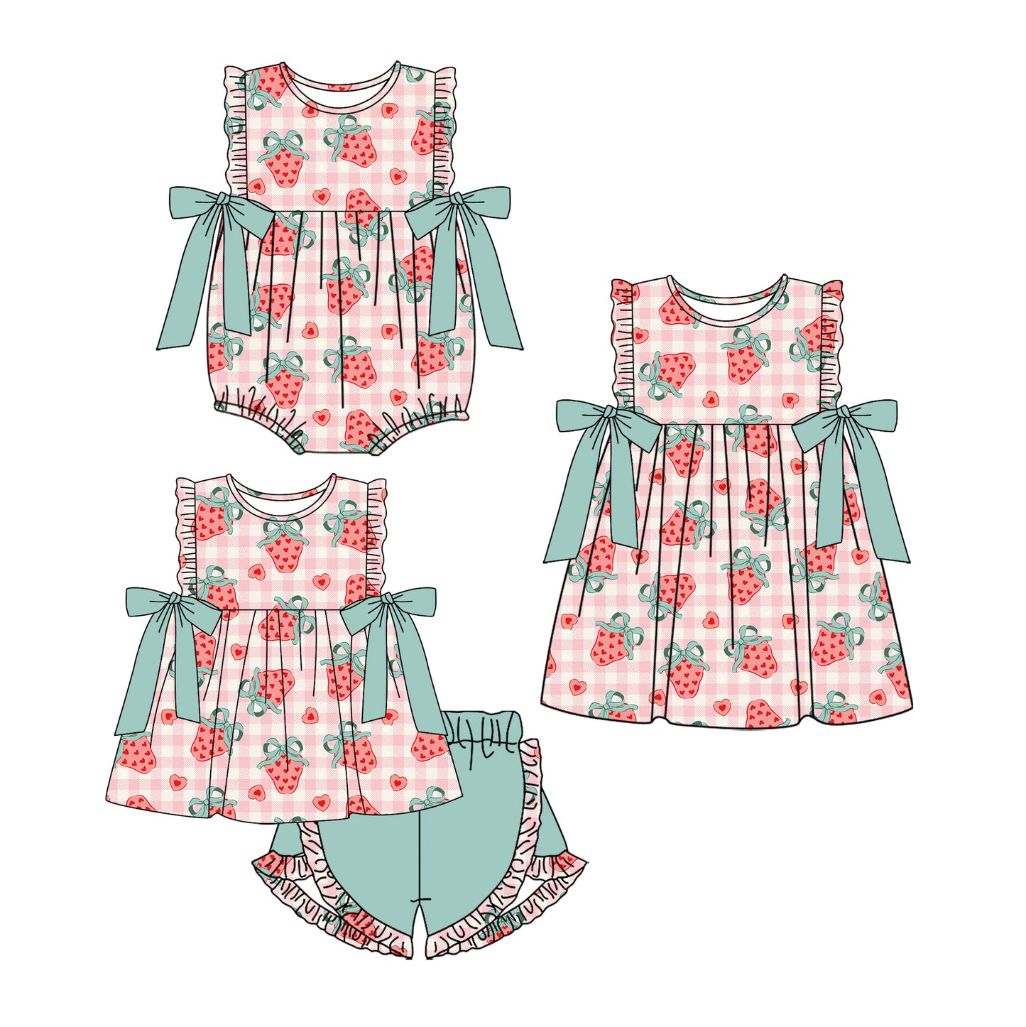 12.3 custom each style moq 5eta 4-6week Sibling Sister strawberry baby girl short sleeve shorts sets and dress and rompers match family design