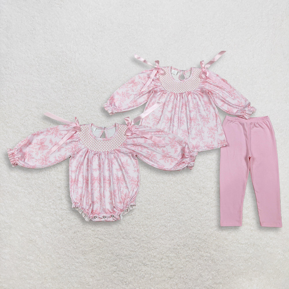 RTS NO MOQ Sibling Baby Girls Smocked Checked Flowers And Bows Tunic Legging Pants Set Cute Romper Outfit