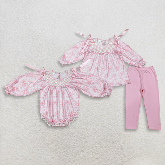 RTS NO MOQ Sibling Baby Girls Smocked Checked Flowers And Bows Tunic Legging Pants Set Cute Romper Outfit