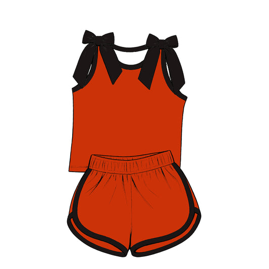 custom moq 5 mix size Baby Girls Black Bow Sleeveless Red Top Shorts Summer Cute Set