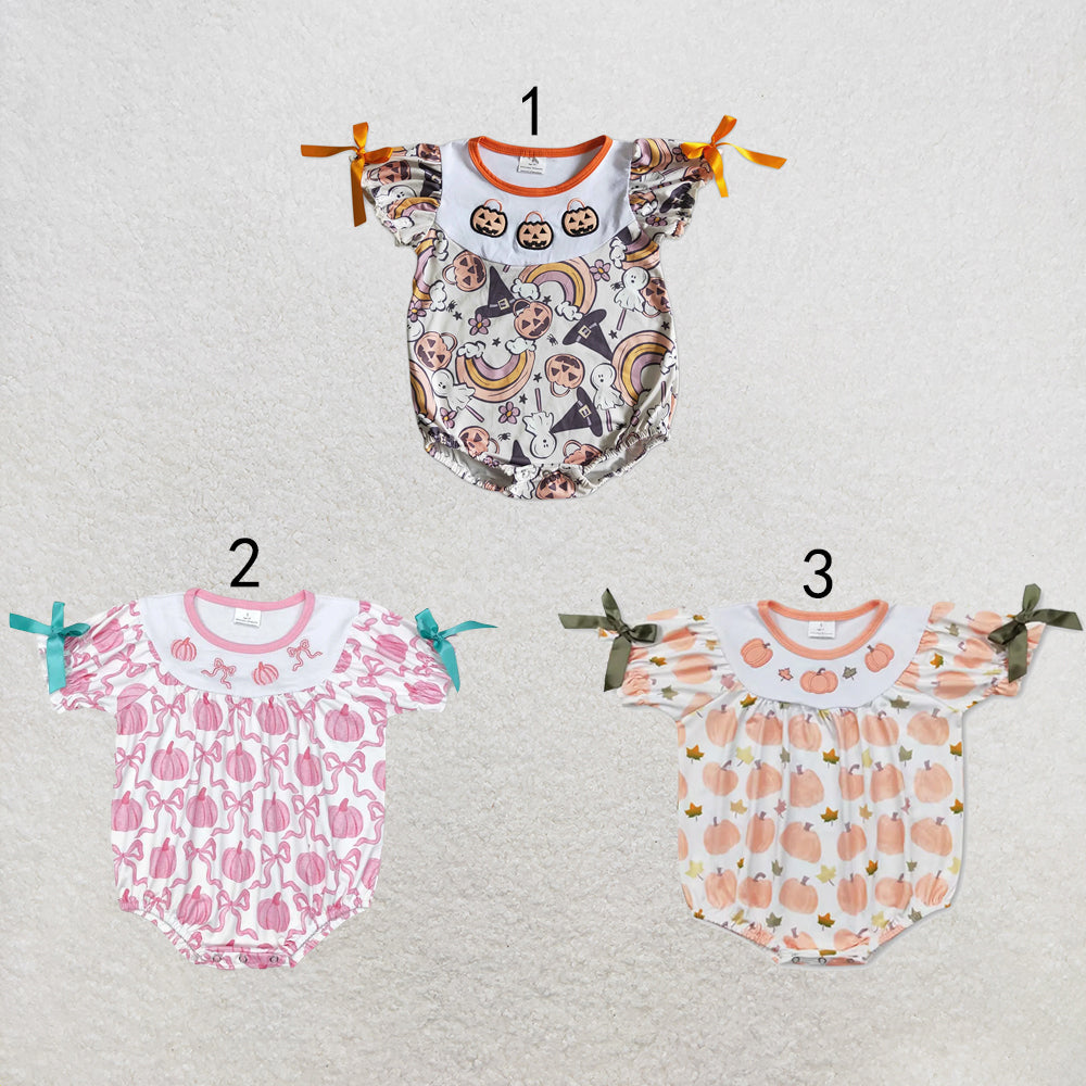 RTS NO MOQ Sibling milk silk Embroidery Baby Girls Pumpkins Short Sleeve Holiday Rompers