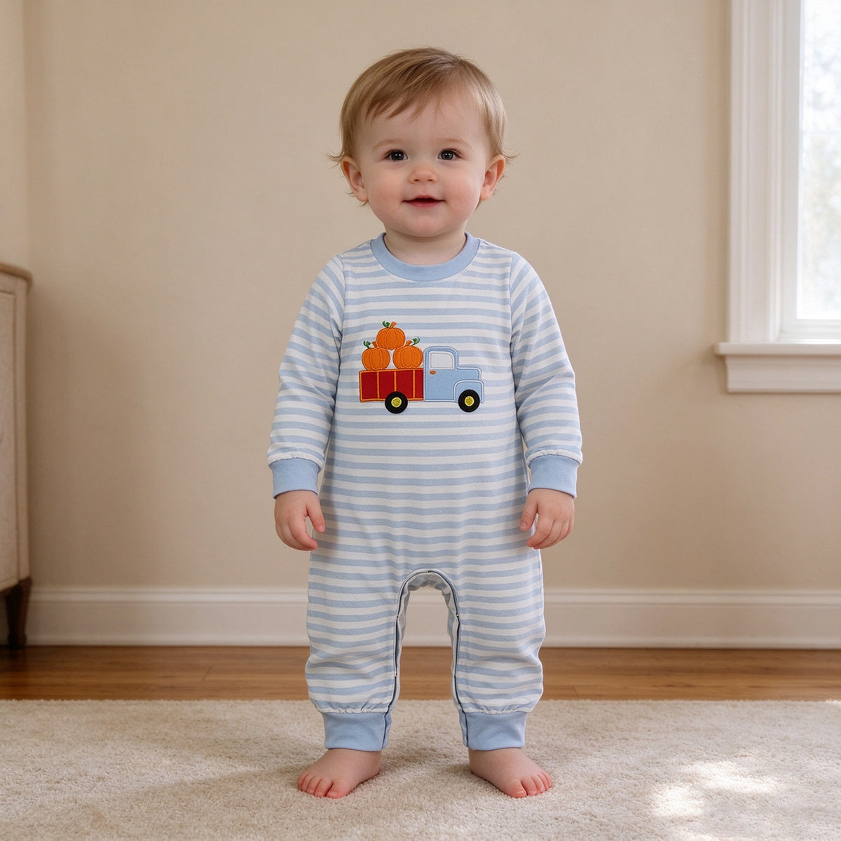 NEW RTS NO MOQ milk silk LR1023 Baby Boys Cute Pumpkin Truck Print Long Sleeve Rompers