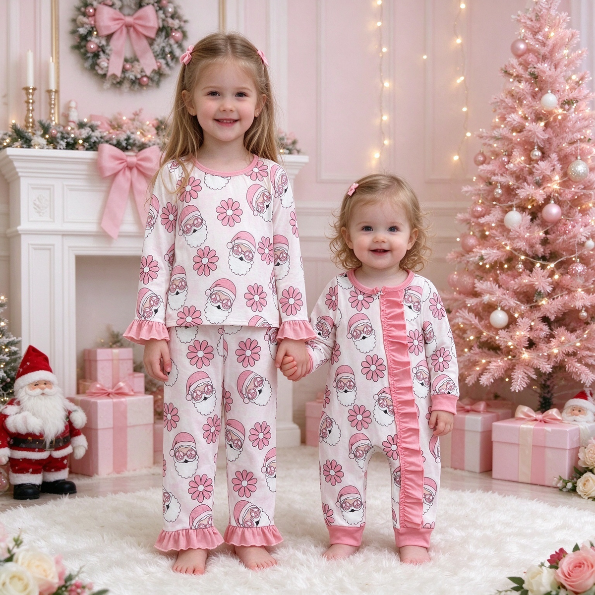 Toddler Girl Christmas Pajama Set & Baby Girl Romper, Retro Peace Sign Santa Daisy Floral Print, Pink Ruffle Long Sleeve Matching Sibling Xmas Sleepwear