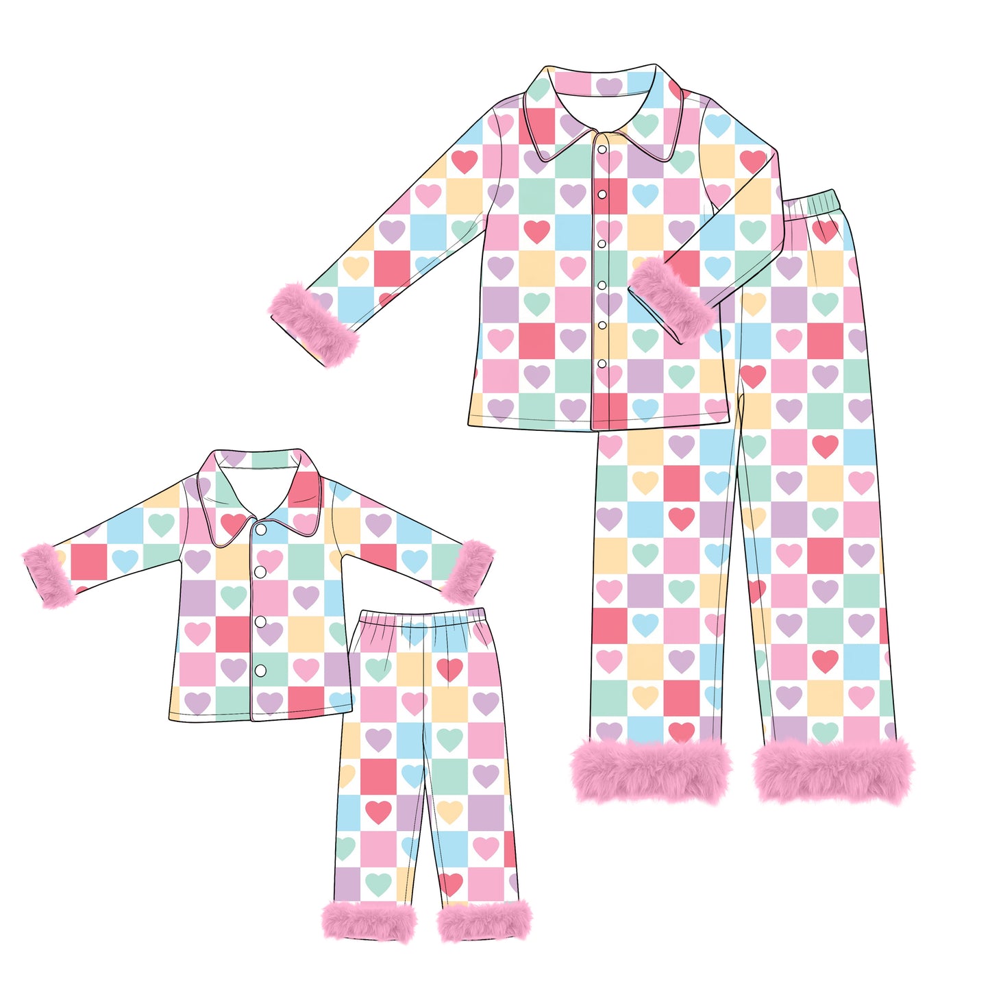 (Preorder new) No moq Adult And Kids Checkerboard Fuzzy Trim Matching Pajamas