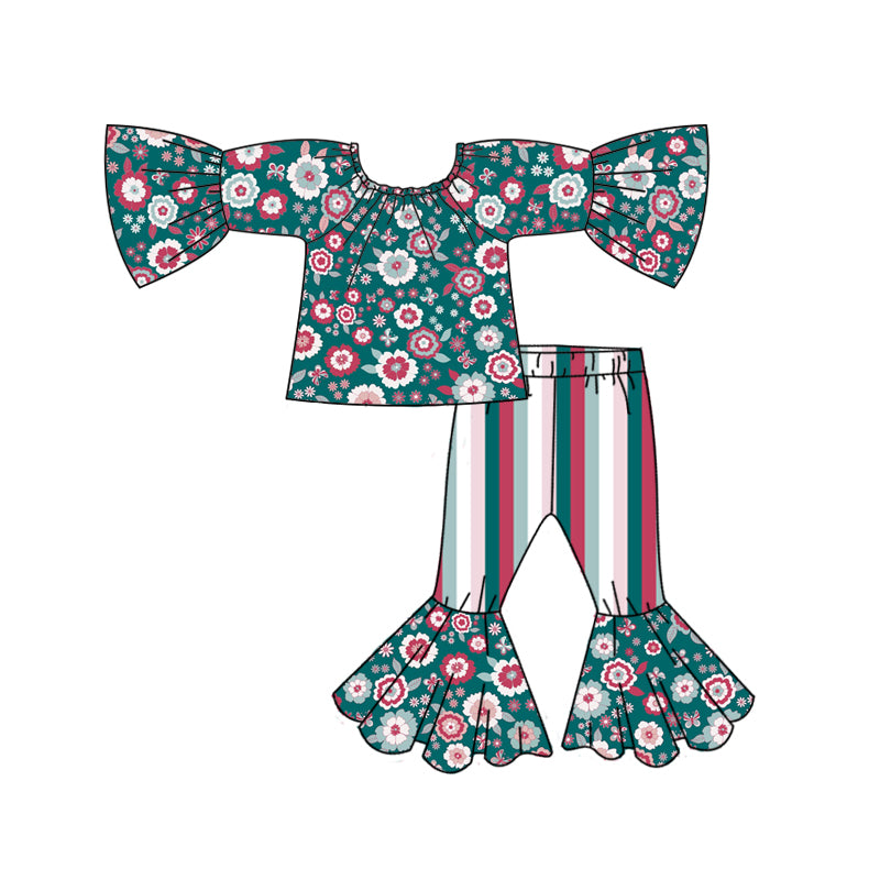 7.1 custom each style moq 5eta 4-6week girls floral long sleeve striped pants baby girls sets