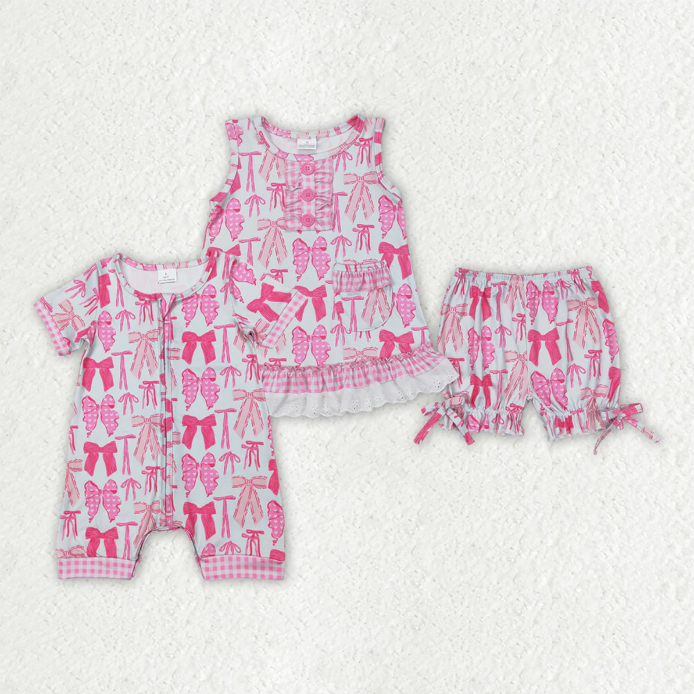 RTS NO MOQ baby girls clothes bow short sleeve Rompers Clothes Sets