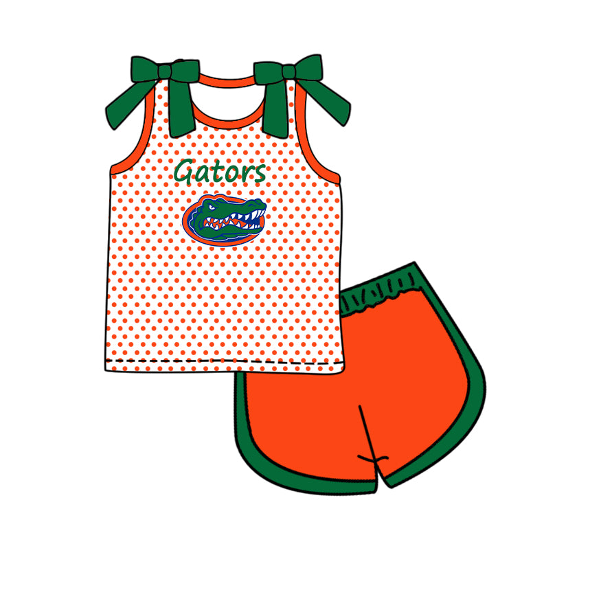 Custom moq 5 mix size milk silk summer teams Baby Girls Summer Bow Sleeveless Orange Polka Dot Top Shorts Casual Set