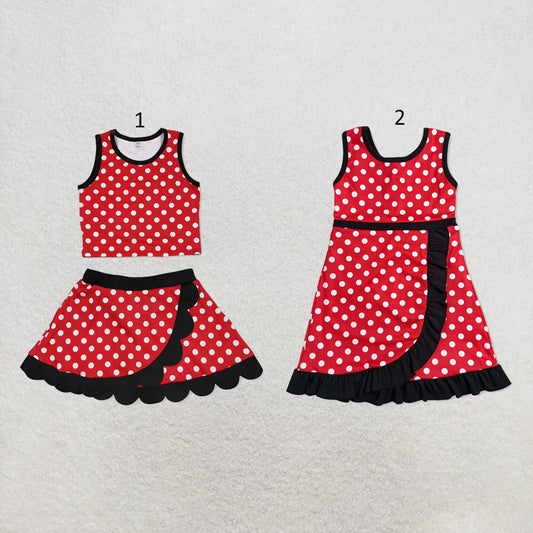 RTS NO MOQ Sibling yoga fabric Baby Girls Polka Dots Sleeveless Vest Scallop Skirt Yoga Active Set Short Knee Length Dress