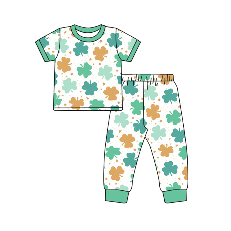 10.12 custom each style moq 5eta 4-6week Sibling Sister Four Leaf Clover green baby boys short sleeve sets and rompers match design