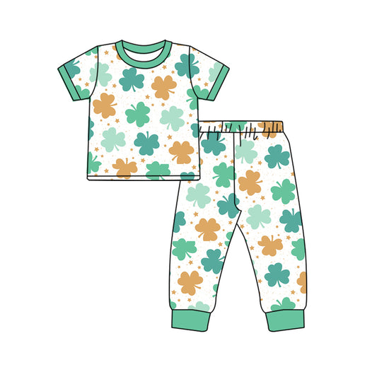 10.12 custom each style moq 5eta 4-6week Sibling Sister Four Leaf Clover green baby boys short sleeve sets and rompers match design