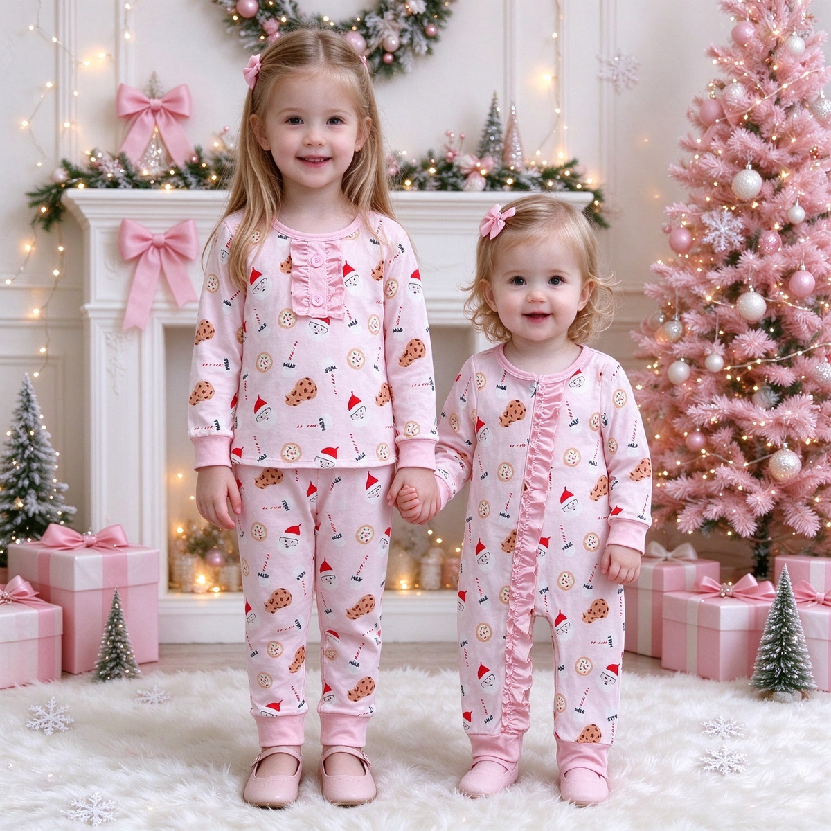 Baby Girls Milk & Cookies Santa Christmas Collection - Ruffle Zip Romper & Ruffle Button PJ Set