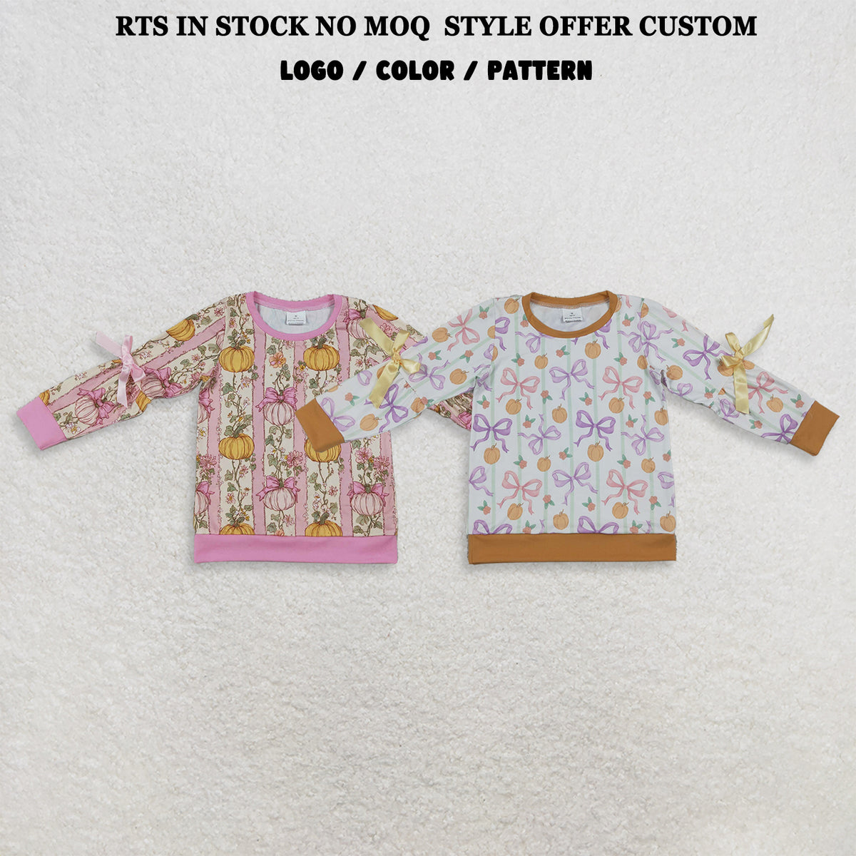 RTS NO MOQ Sibling milk silk Baby Girls Pumpkin Floral Print Long Sleeve Top With Side Bow Ruffle Sleeve