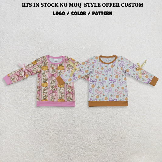 RTS NO MOQ Sibling milk silk Baby Girls Pumpkin Floral Print Long Sleeve Top With Side Bow Ruffle Sleeve