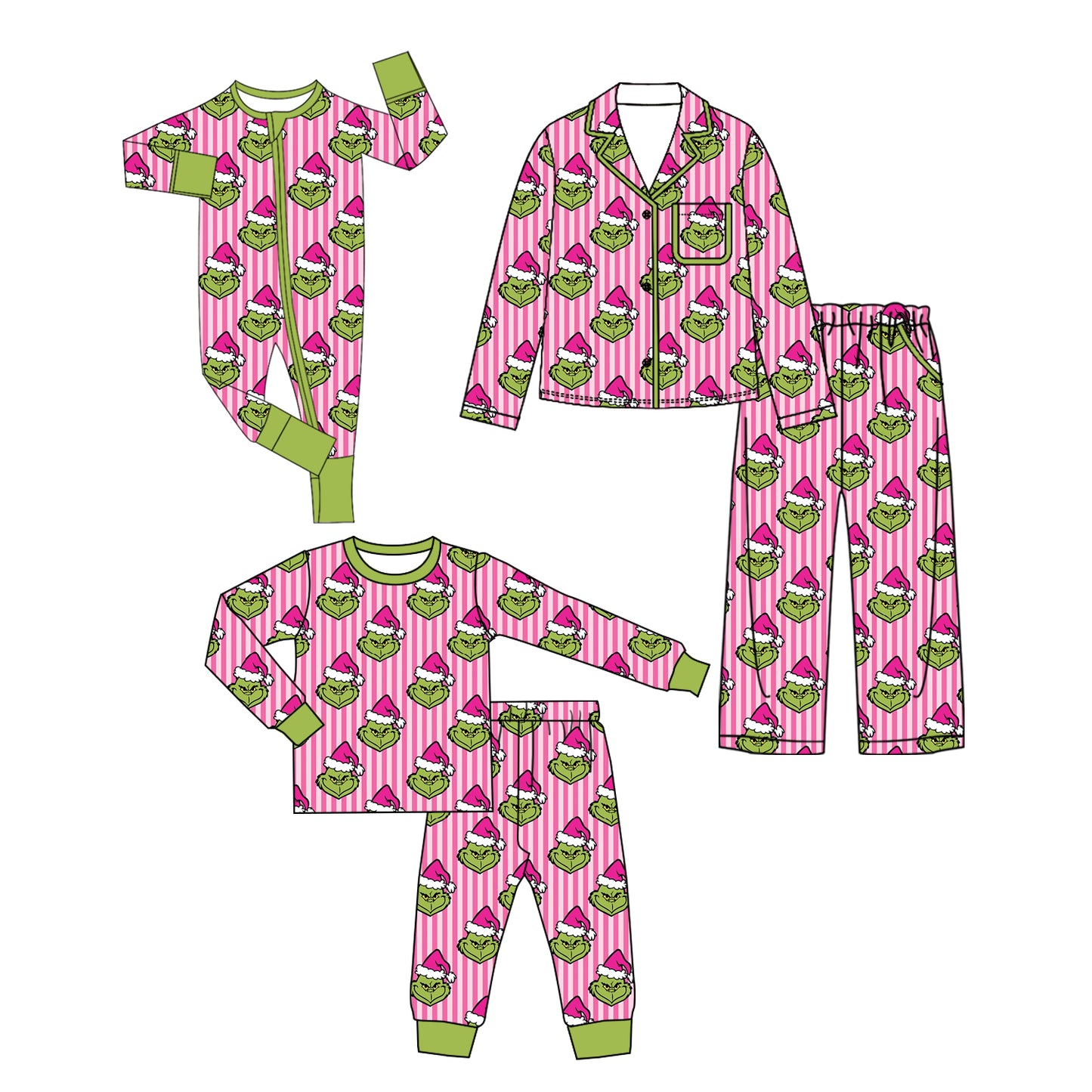 (Preorder new) No moq Kids And Adult Pink Stripe Santa Button Pocket Top Pants Pajamas Sets Rompers