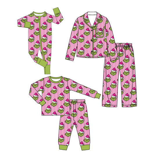 (Preorder new) No moq Kids And Adult Pink Stripe Santa Button Pocket Top Pants Pajamas Sets Rompers