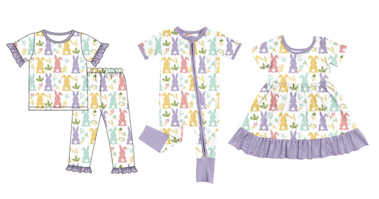 25.10.9 custom each style moq 8 eta 6-8week Sibling Sisters bunny floral baby girl short sleeve pants sets and dress and rompers match family design