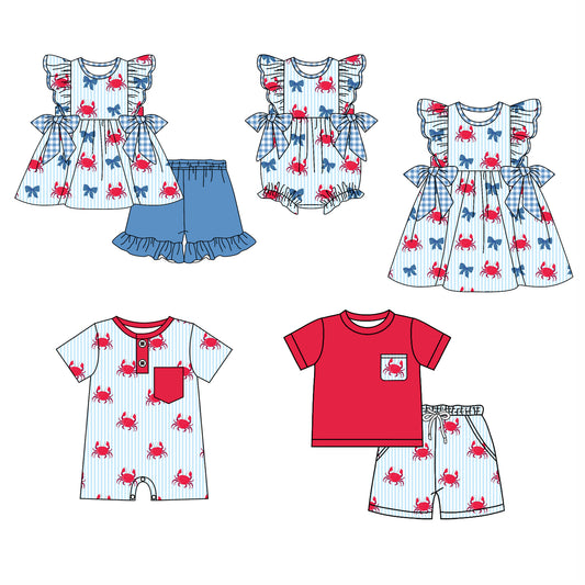 25.12.5 custom each style moq 5 eta 6-8week Sibling Sister crab bow baby short sleeve shorts sets 2 and romper 2 and dress match design
