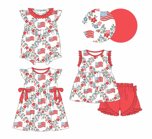 3.27 custom each style moq 5eta 4-6week Sibling Sisters flag floral baby girl short sleeve shorts sets and dress and rompers match family design