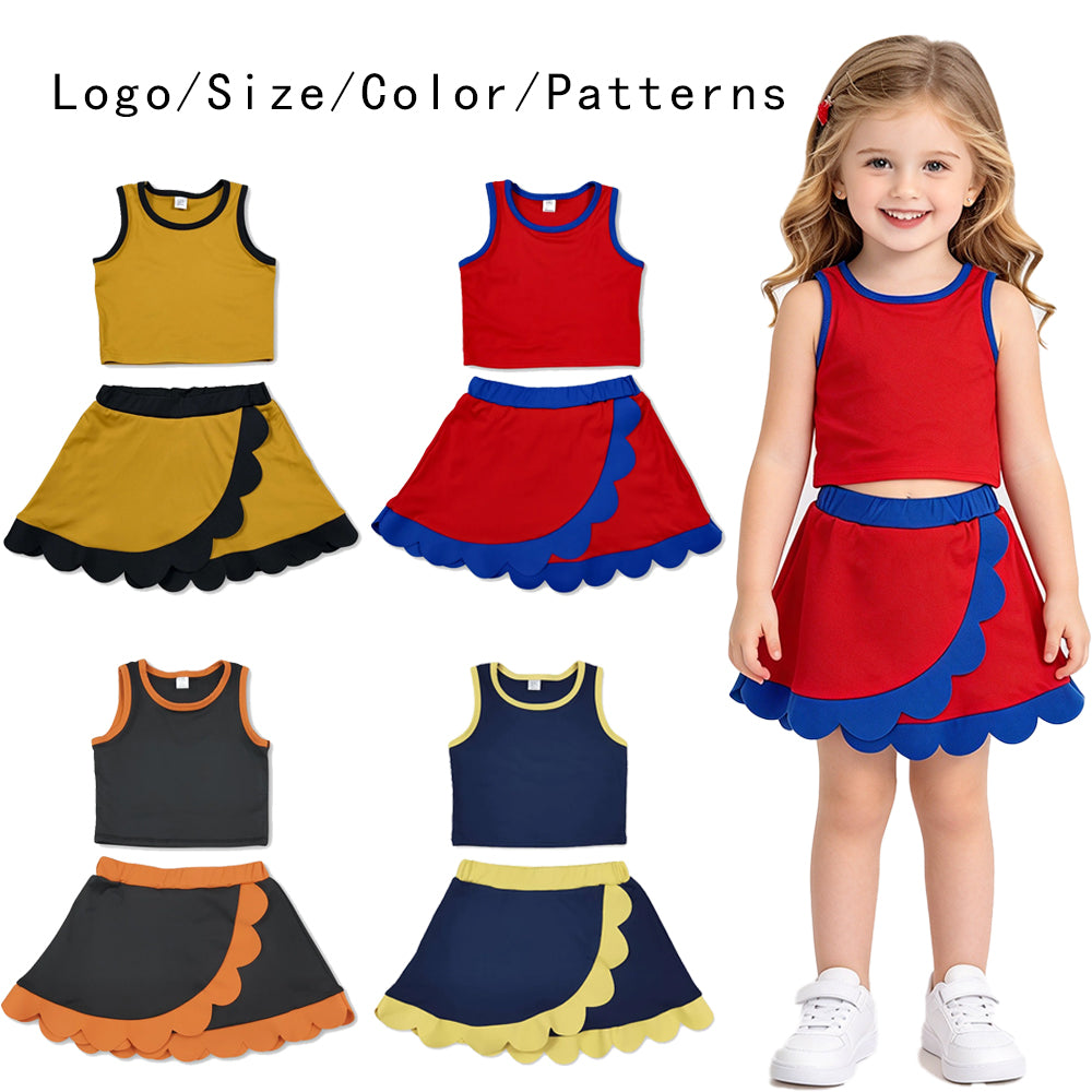 RTS NO MOQ Sibling yoga fabric cotton Baby Girls Solid Sleeveless Crop Tank And Scallop Edge Skort Summer Active Outfit